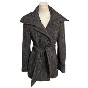 Massimo Dutti Belted Wool Pea Coat Brown Black S M 42 34 Long Trench Herringbone